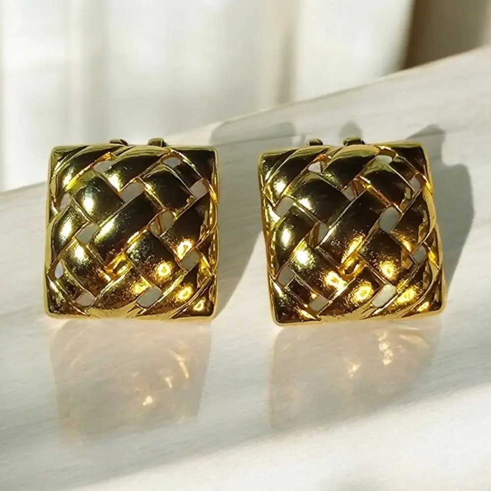 Liz Claiborne Basket Weave Gold Clip Earrings Square Textured Statement